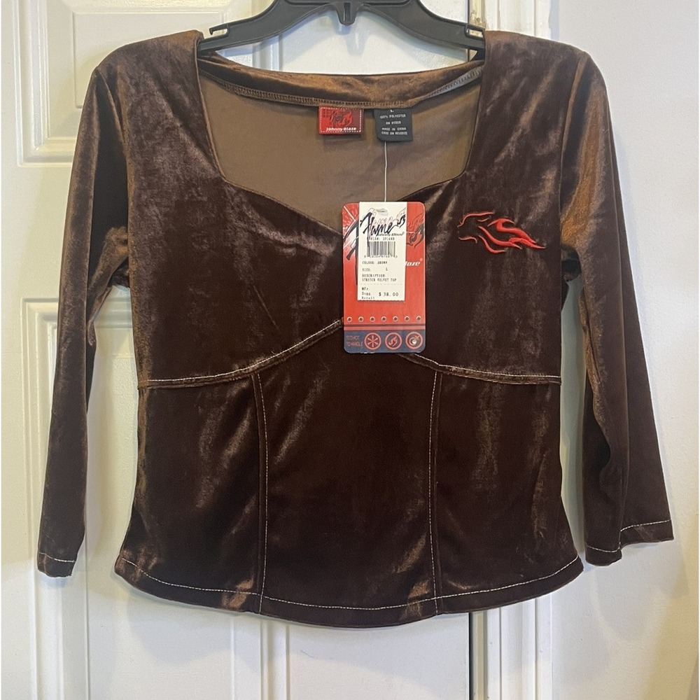 Vintage 90s Y2K Johnny Blaze Flame Brown Stretch Velvet Top Shirt L Streetwear